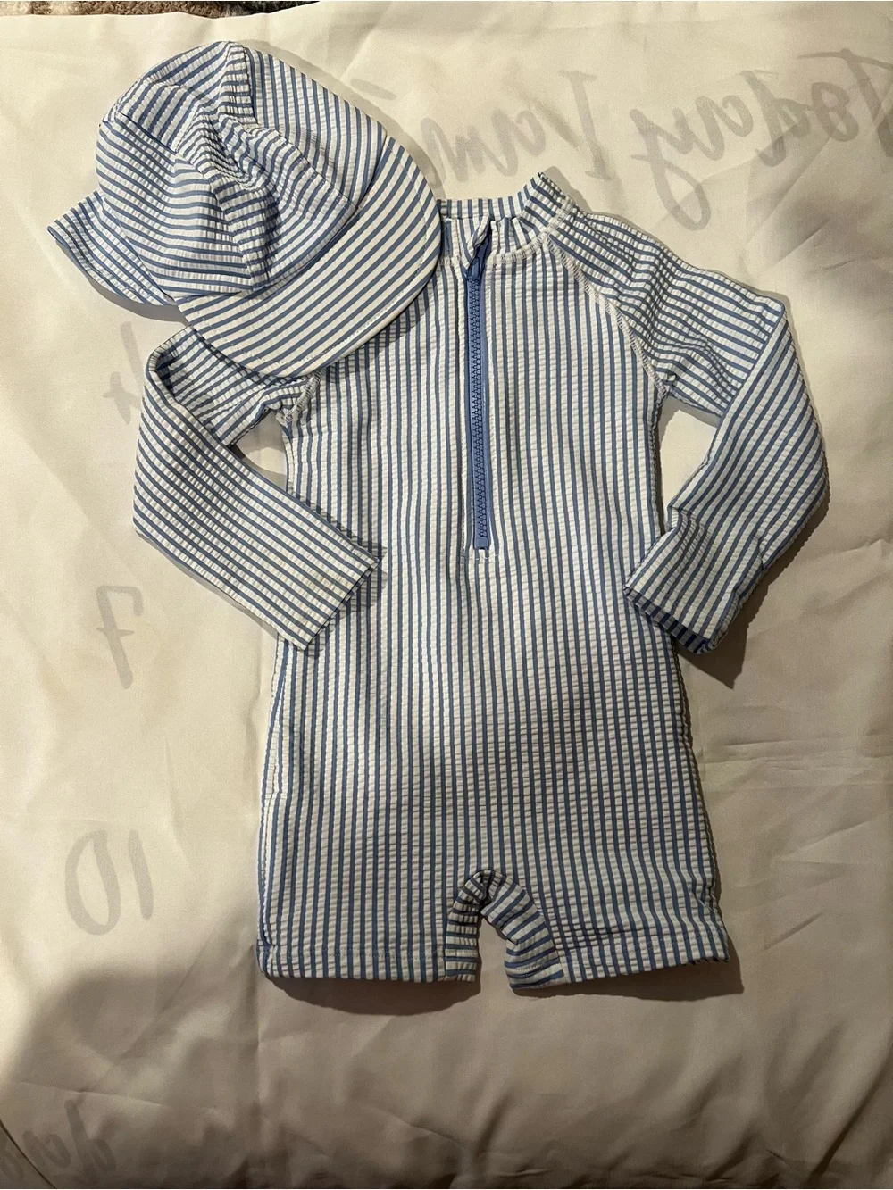Tommy Bahama Blue & White Stripe Shortie Swim Suit with Sun Hat Size 24 Months